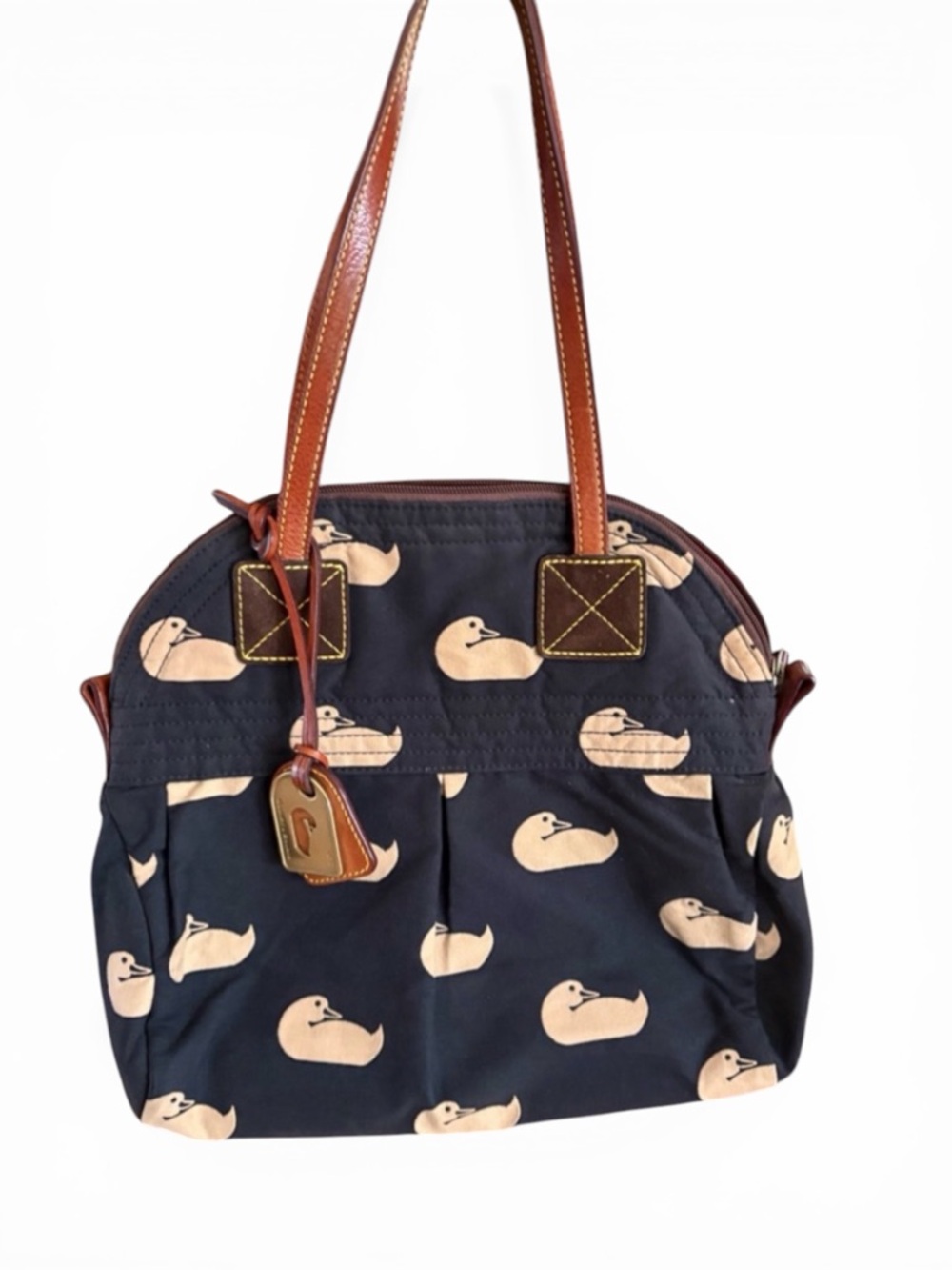 Dooney & Bourke Navy Bag with Cream Duck Print and Brown Leather Trim